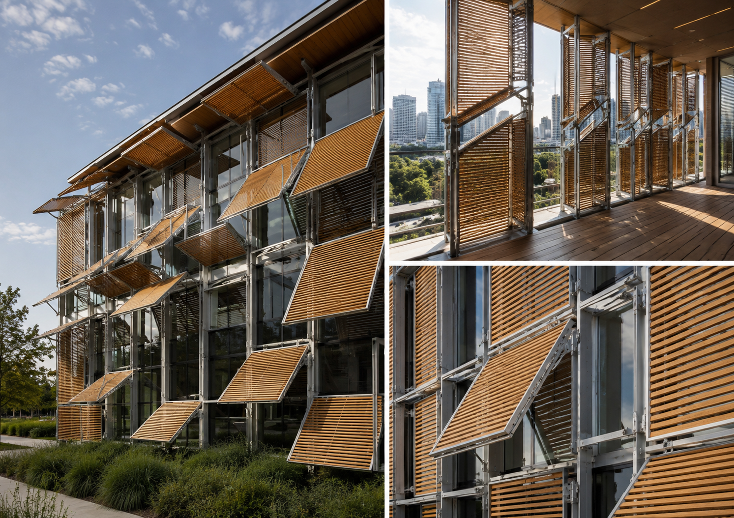Kinetic architecture — moving wood louvre facade, three views