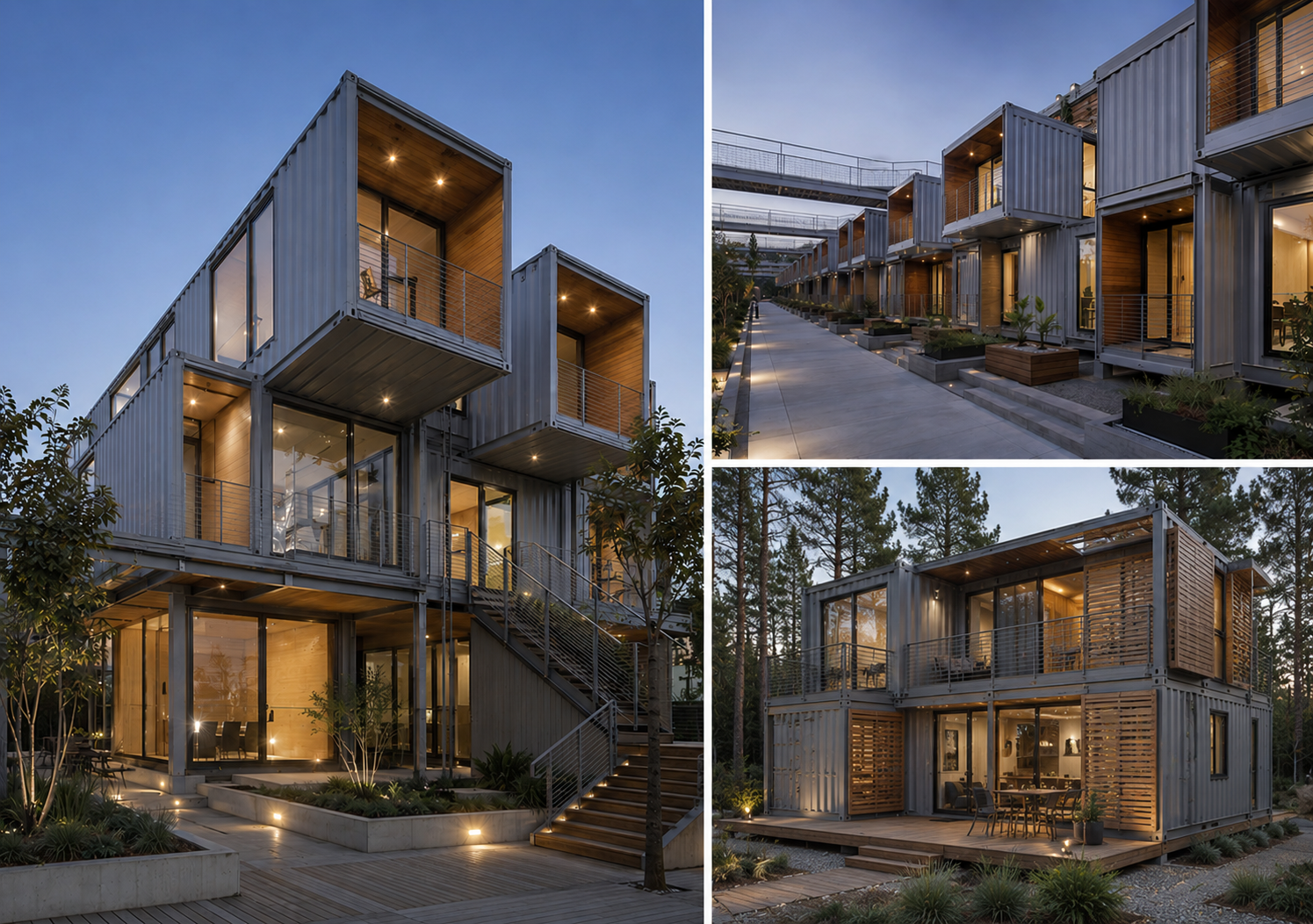 Modular architecture — stacked container modules, three views