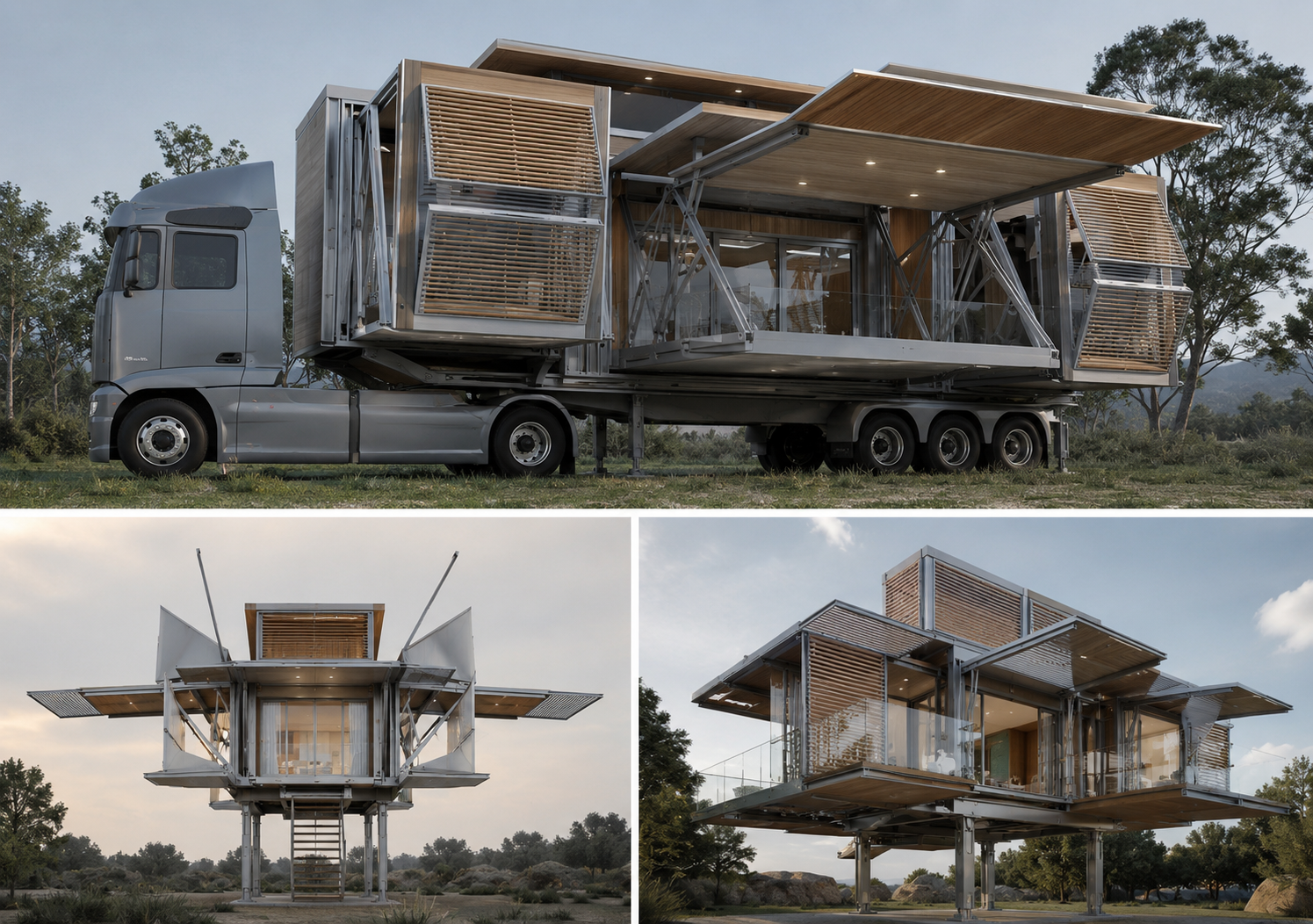 Transformable architecture — deployable expanding structure, three views